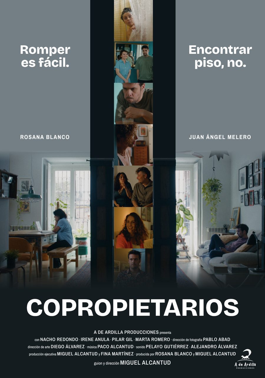 Cartel de Copropietarios: un piso partido en dos, con Rosana Blanco a un lado y Juan Ángel Melero al otro